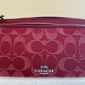 Red denim Coach Signature double zipper wallet